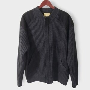 Cabelas Mens Ribbed Lambswool Full Zip Sweater Elbow Patch Grey Sz XL Fisherman
